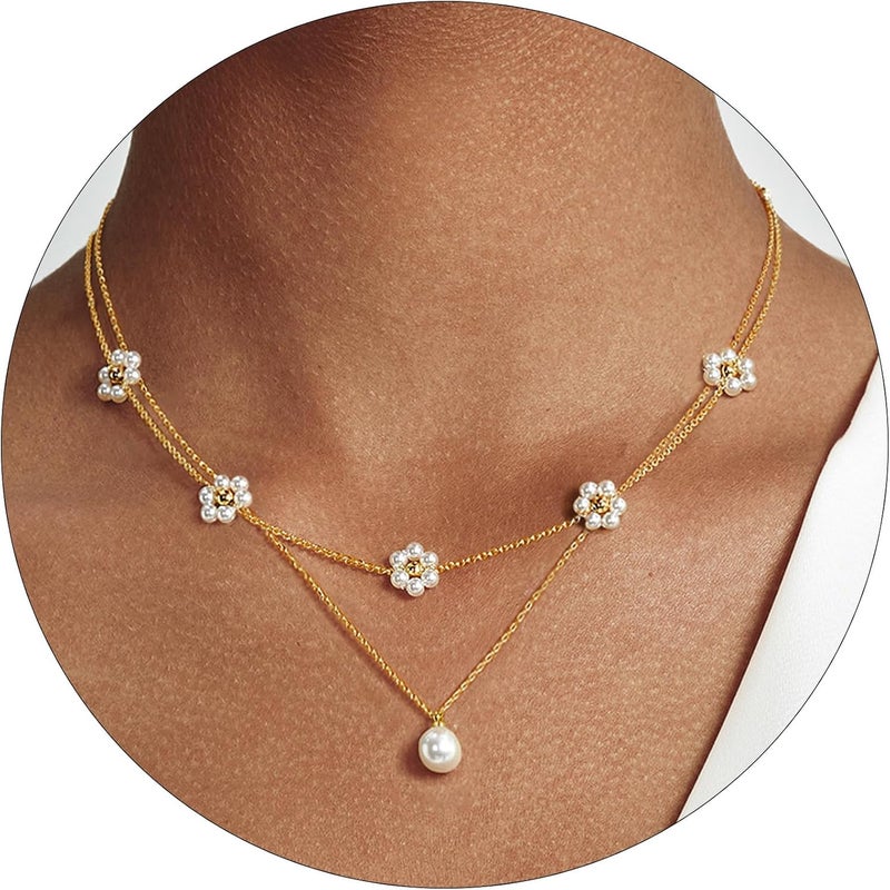 Partm Pearl Necklace for Women Trendy 14K Gold Plated Dainty Pearl Pendant Choker Set Handmade Pearl Gold Necklace Non Tarnish Simple Cute Jewelry Gifts for Women - Image 1